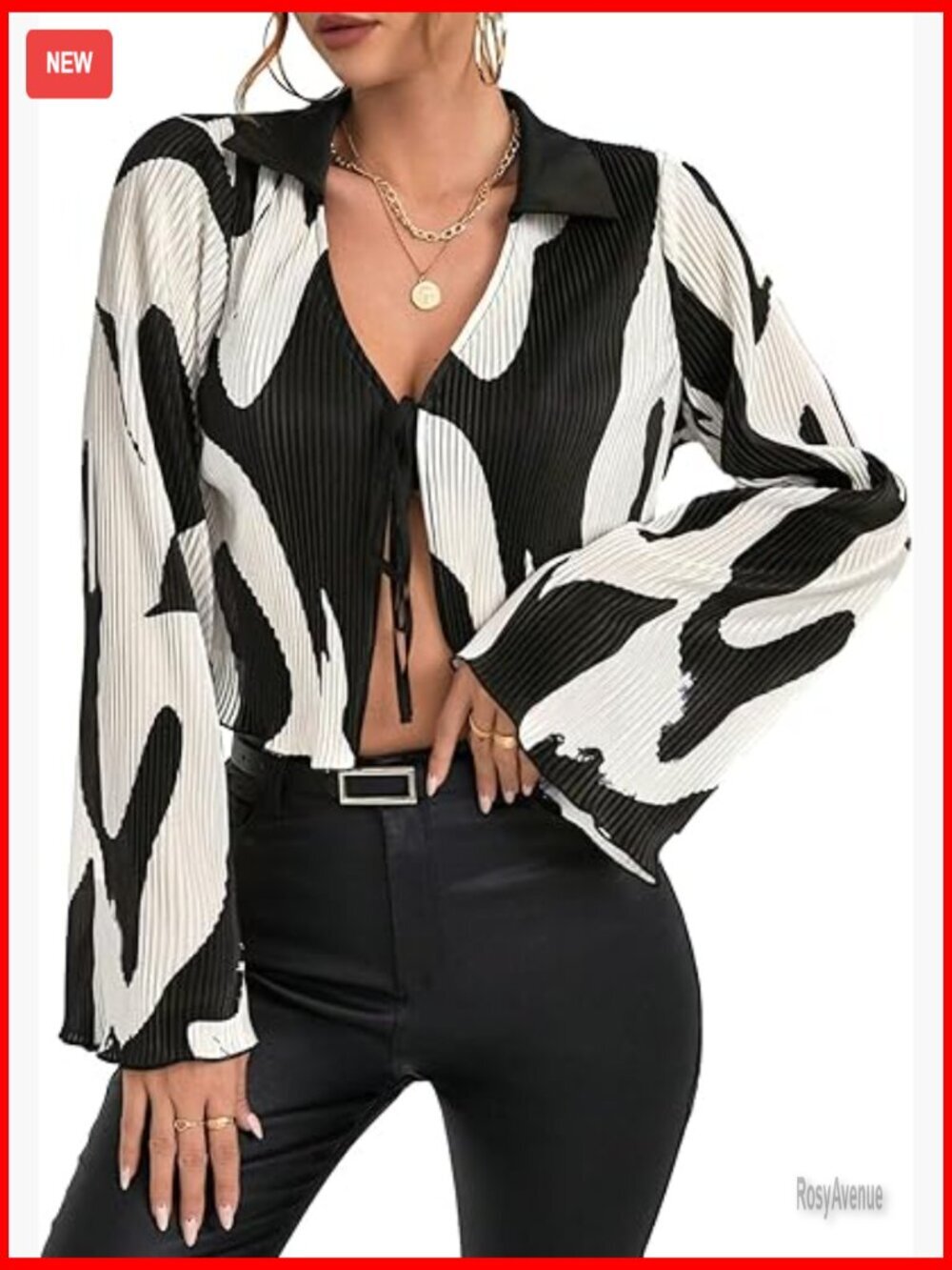 Deep V Neck Tie Front Bell Sleeve Crop Blouse Top